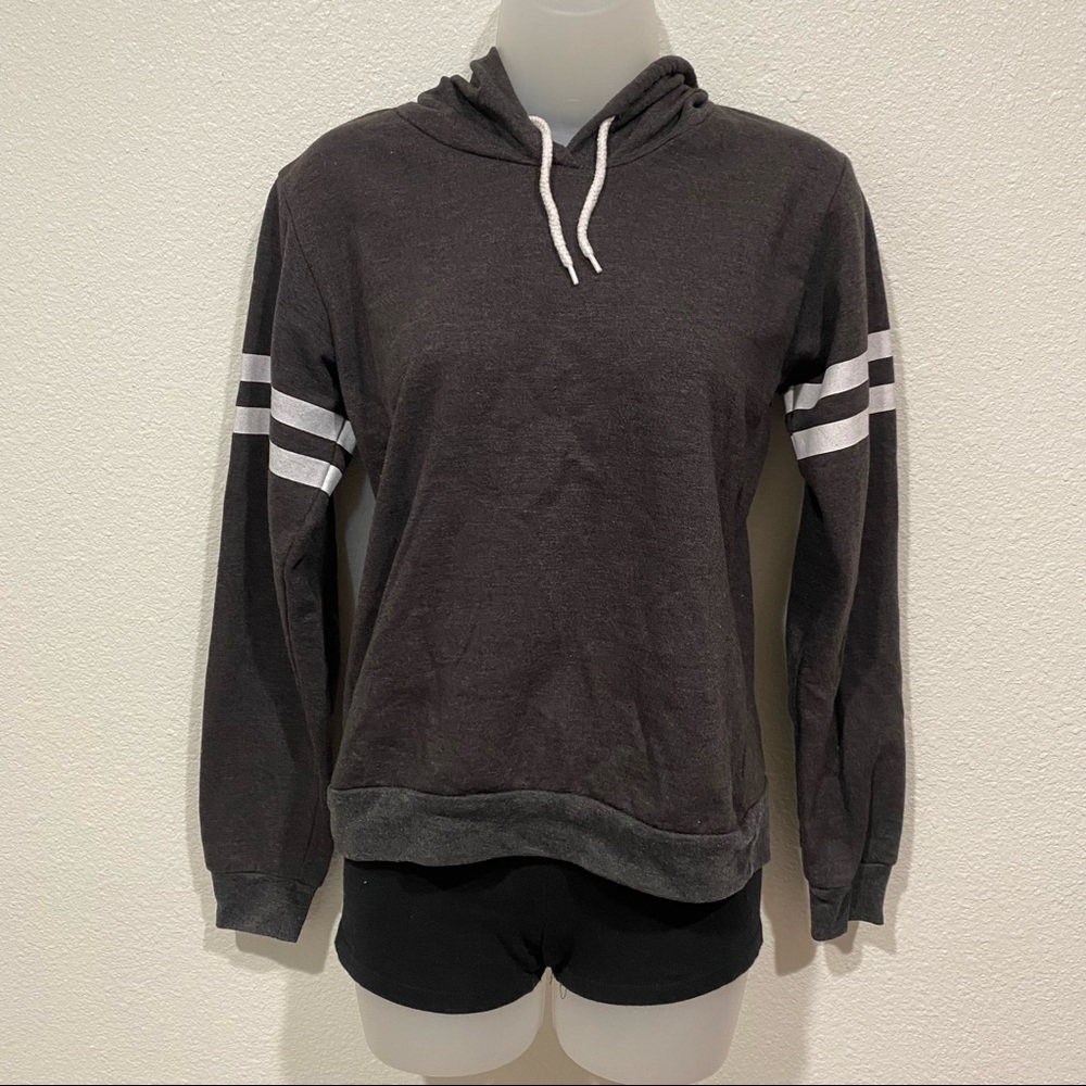 on fire grey striped sleeve hoodie hooded sweater sweatshirt long sleeve top